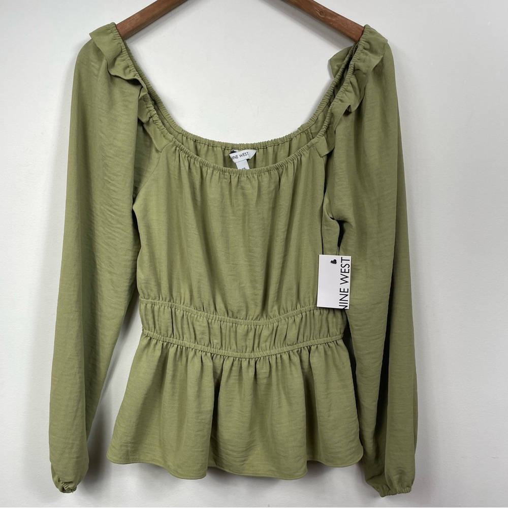 NWT Nine West Satin Chartreuse Off Shoulder Top XS Green Prairie Peplum Career